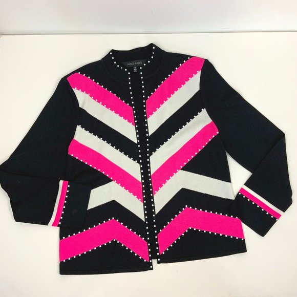 Ming Wang Open Front Knit Cardigan Career Black White Pink Medium - Picture 10 of 16